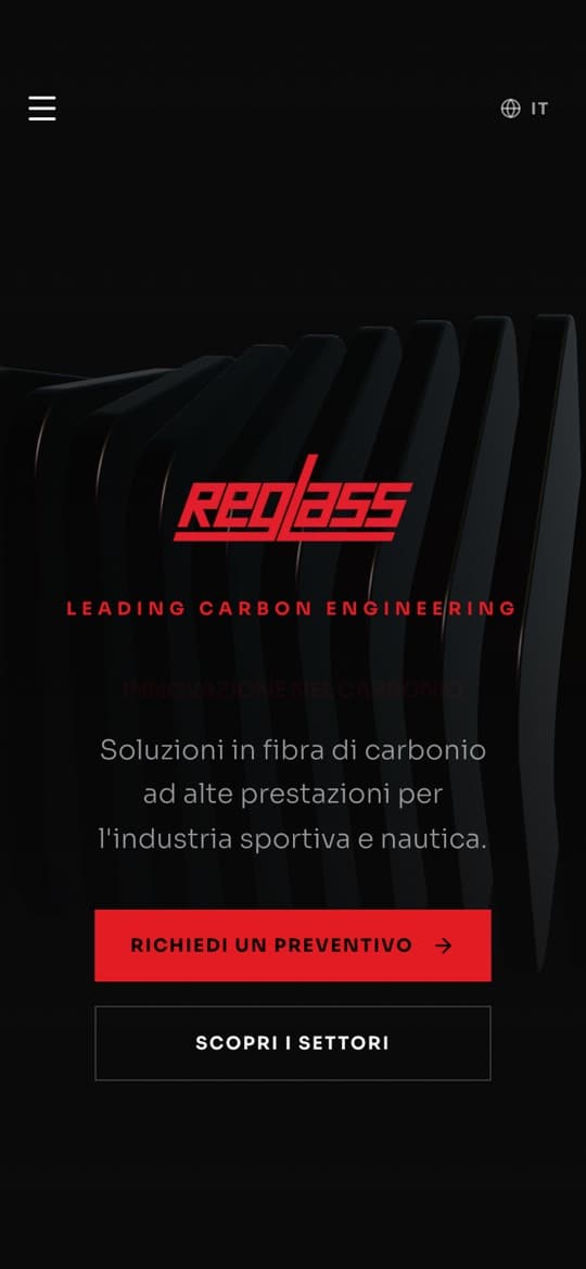 reglass.net da telefono: logo, descrizione e pulsante per il preventivo.