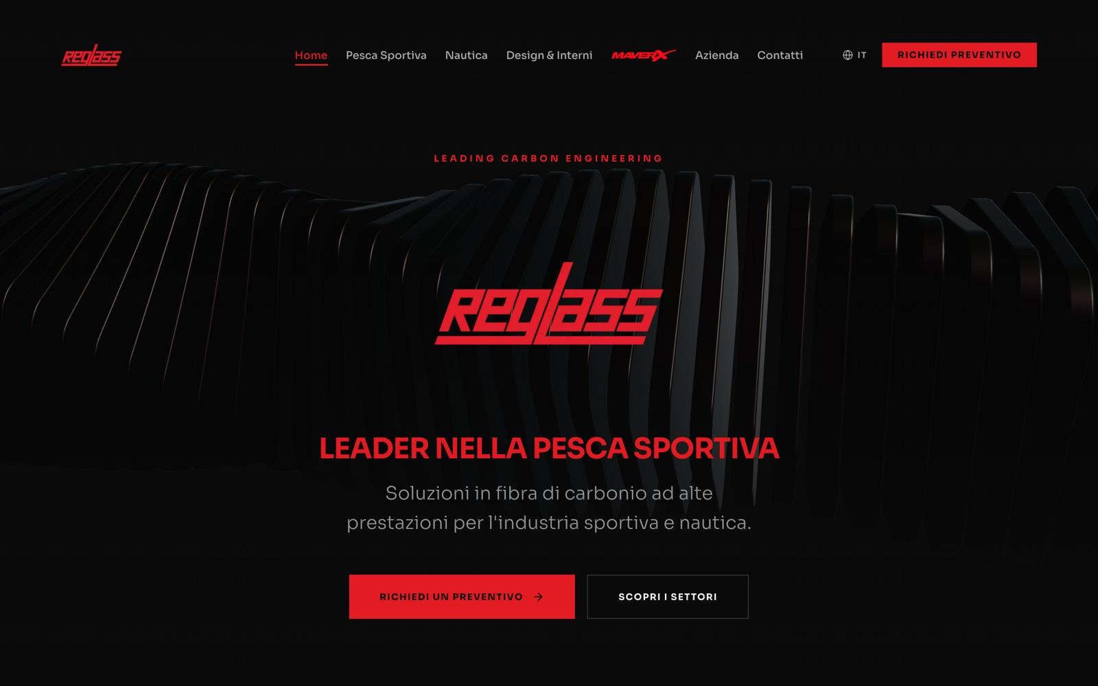 La home page di reglass.net: il logo Reglass su fondo scuro, il menu con le quattro divisioni e il pulsante per richiedere un preventivo.