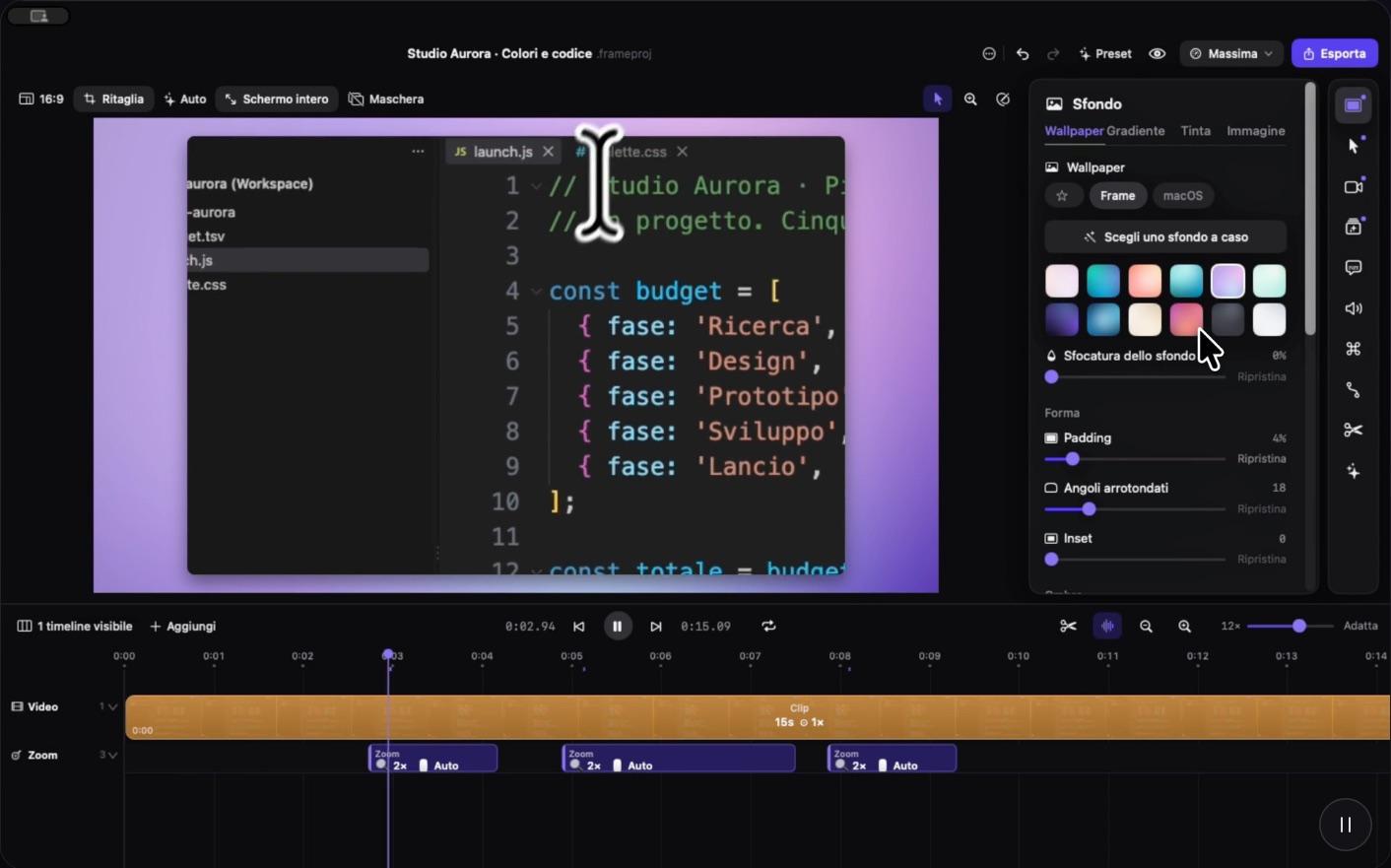 L’editor di ScreenEdits: la registrazione di un editor di codice su sfondo viola, il pannello degli sfondi e la timeline con tre zoom automatici.