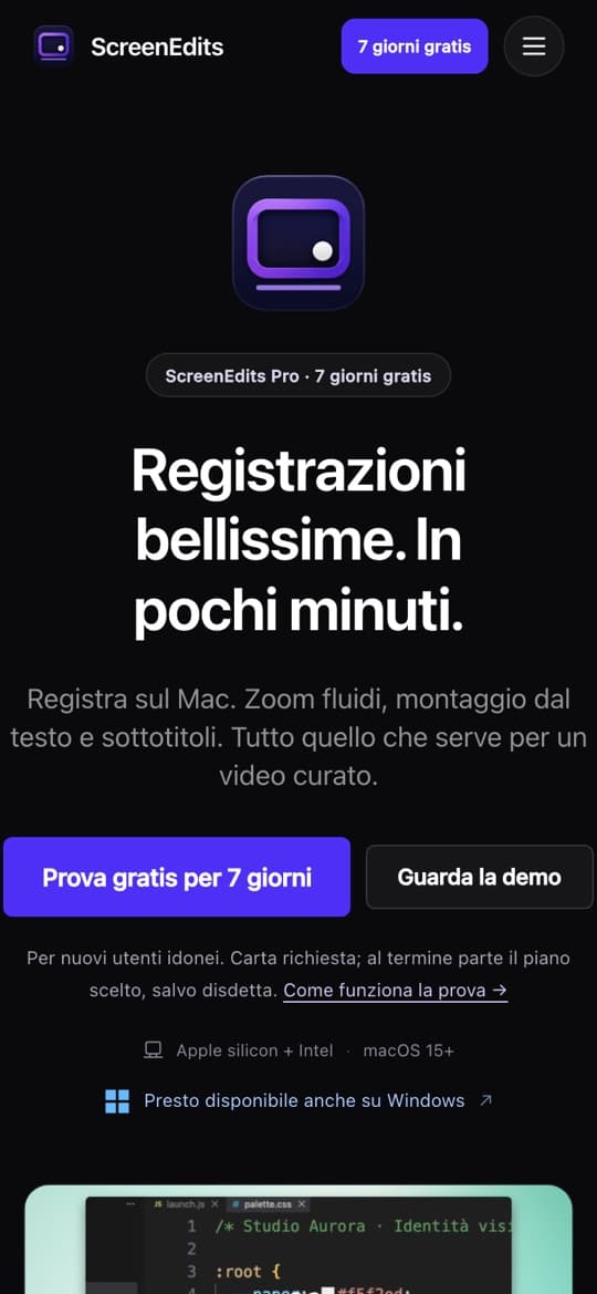 screenedits.com da telefono: l’icona dell’app e il titolo «Registrazioni bellissime. In pochi minuti.»